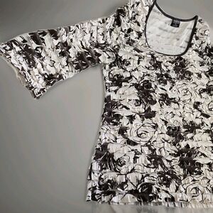 Tribal Ruffled Stretch‎ Top Shirt Women's Sz L Brown White 3/4 Sleeve Y2K 90's